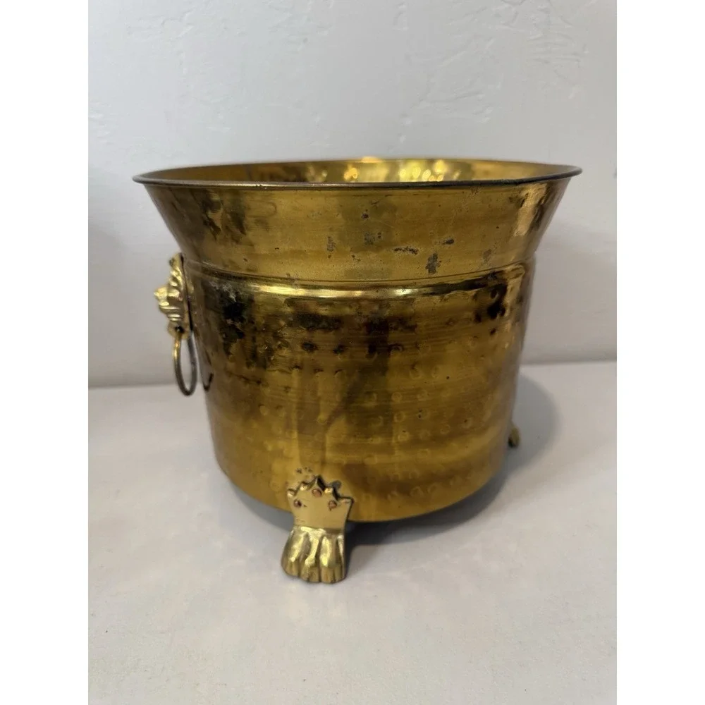 Vintage Brass Lion Head Planter Hollywood Regency Footed Cachepot Plant Pot 7